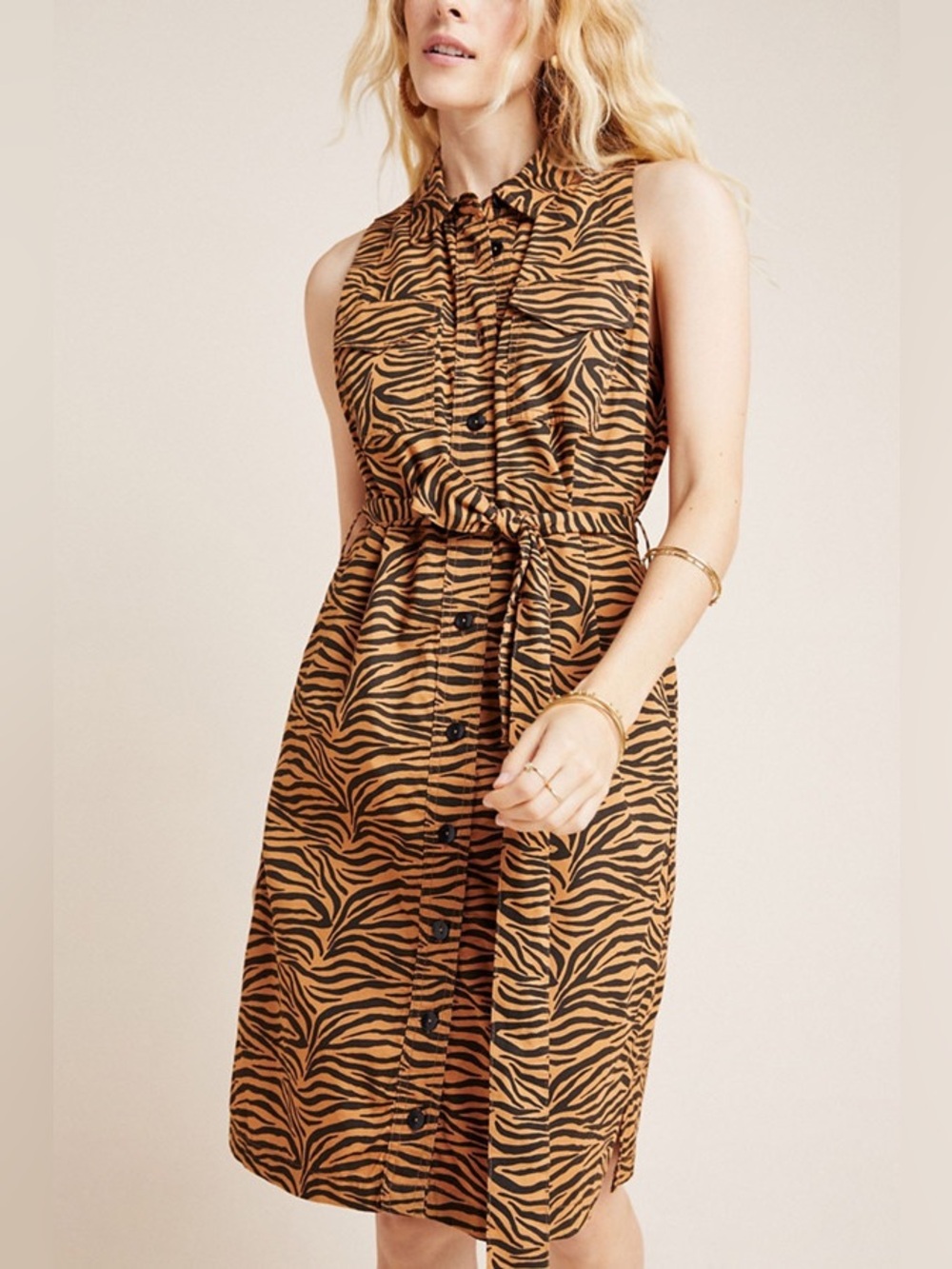 Sleeveless Zebra-Print Shirt Dress in Tan and Black